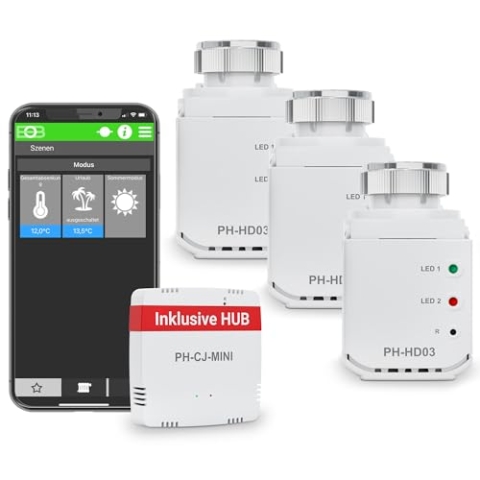 ELEKTROBOCK PH-Starter Pack1 - Heizungssteuerung per App - 3 Heizkörperthermostate mit Gateway - Zentrale Temperaturregelung - Smart Home - Energiesparend