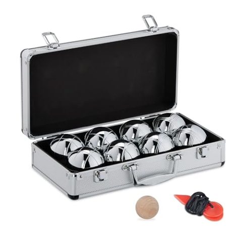 Relaxdays Boule Kugeln, 8 Stahlkugeln, D: 72 mm, Set mit Zielkugel, Abstandsmesser & Metallkoffer, Boccia Spiel, Silber
