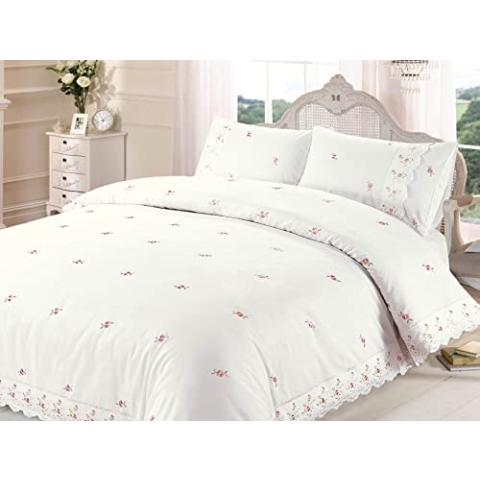 Sophie Bettwäsche-Set, Blumenmuster, bestickt, Polyester-Baumwolle, cremefarben