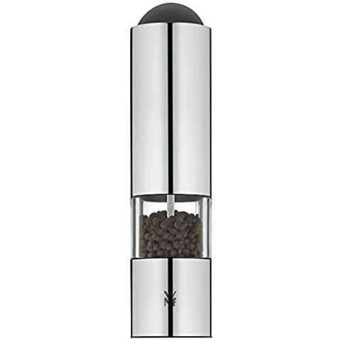 WMF Elektrische Mühle 21 cm, Salz und Pfeffermühle elektrisch unbefüllt, LED-Leuchte, Cromargan Edelstahl matt, Glas, Keramikmahlwerk