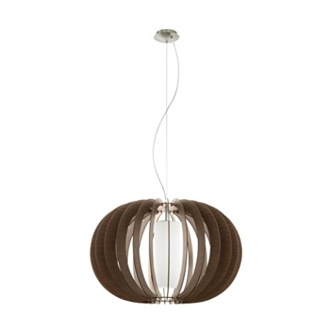 EGLO Pendelleuchte Stellato 3, 1 flammige Hängelampe Vintage, Hängeleuchte aus Stahl, Holz und Glas in Nickel-Matt, Braun, Weiß, Esstischlampe, Wohnzimmerlampe hängend mit E27 Fassung, Ø 70 cm