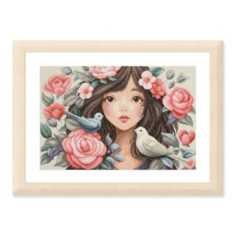 LANARTE Kreuzstich Stickpackungen Gezählter Kreuzstichbilder Set SIE TAUCHTE IN ROSEN Wanddekoration Handarbeit Set für Erwachsene 43 x 29 cm DIY Deko Bastelset Handwerker Kreative Geschenkset