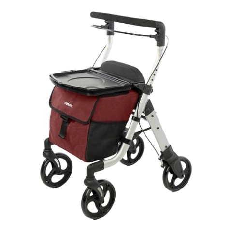 Carlett - Lett Walk | Wandelbarer Gehhilfe für drinnen und draußen | Zugelassenes Medizinprodukt | Klappsitz und Mehrzwecktablett | XL-Schwenkräder | Doppelbremse und verstellbarer Lenker| Ruby