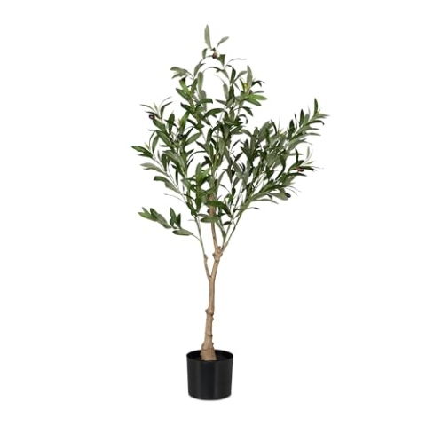 Relaxdays künstlich, 120 cm hoch, Kunststoff, Stein, Kunstpflanze, Deko-Olivenbaum, Kunstbaum, grün/braun