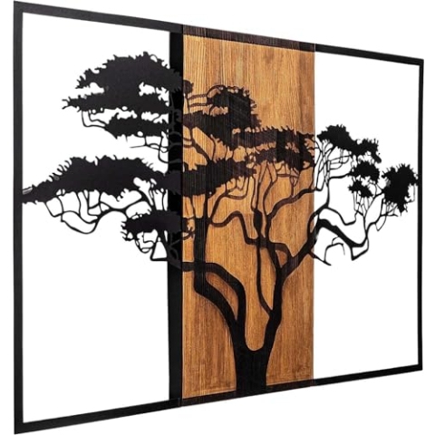 Elegant Decorative Wooden Wall Accessory, 90 x 58 cm | 100% Real Wood (3 cm Thick) & Metal | Unique Walnut & Black Design, Perfect for Any Space
