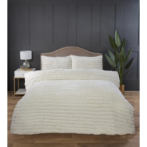 Rapport home Grob Geripptes Premium-Bettwäsche-Set aus Kaninchenfell, luxuriös, für Doppelbett, Vanille, weich und warm, Flauschiges Bettwäsche-Set