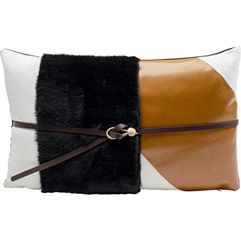 Kare Design Kissen Belt, Weiß/Orange/Schwarz, Abnehmbarer Bezug mit Reisverschluss, mit Füllung, Geometrisches Muster, Dekokissen, Zierkissen, Wohnaccessoire, Lederoptik, 50x30 cm (H/B)