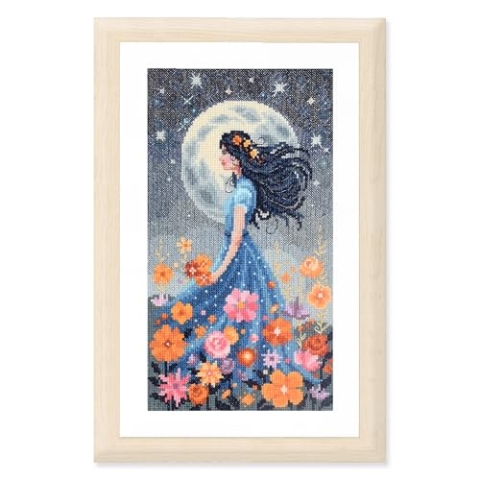 VERVACO Gezählter Kreuzstich Stickpackungen DIY StickbilderMÄDCHEN MIT DEM MOND Wanddekoration Handarbeit Set für Erwachsene Kreatives Handwerk ca. 16 x 28 cm Stickset für Anfänger Hausdeko