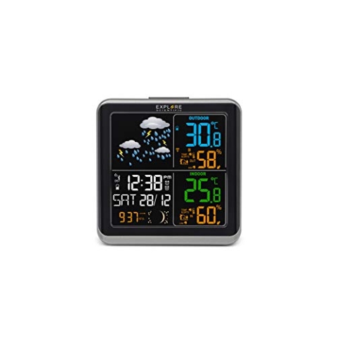 Explore Scientific WSH4008C Funk-Wetterstation, Barometer mit Wettervorhersage mit 6 Symbolen, Temperatur/Luftfeuchtigkeit int/ext, 1 Sensor, Schwarz
