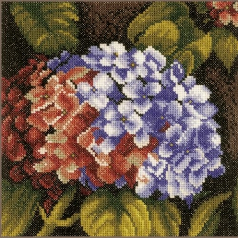 LANARTE Kreuzstich Stickpackungen Gezählter Kreuzstichbilder Set HORTENSIEN Wanddekoration Handarbeit Set für Erwachsene 18,5 x 18,5 cm DIY Deko Bastelset Handwerker Kreative Geschenkset