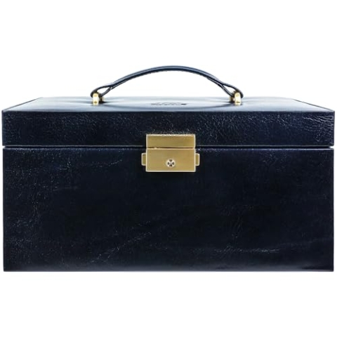 Time Resistance Leder Schmuckkästchen - Marineblaue Schmuckaufbewahrung - Schmuck Verstauen - Schmuckkasten mit Spiegel - Schmuck Organizer mit Vielen Fächern - Jewelry Box