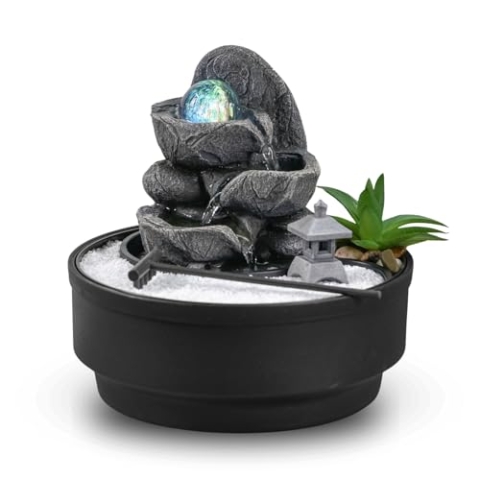 Zimmerbrunnen für den Garten, Zen, Glaskugel, drehbar, Bunte LED, Dekoration, entspannende Atmosphäre, Garten, Zen, weißer Sand, Tischbrunnen, geschlossener Kreislauf, H21 cm – Bogota Zen'Light