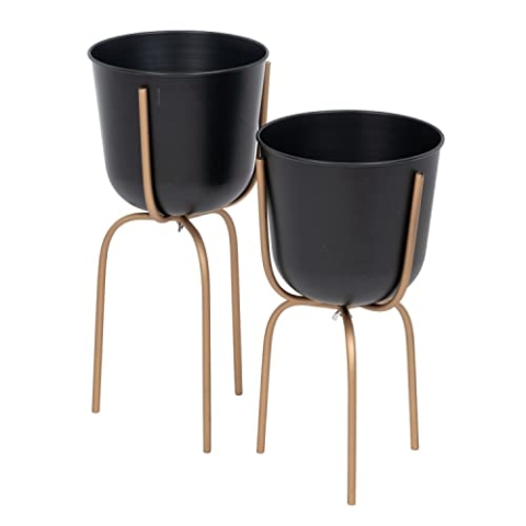 BigBuy Garden Blumentopf Set 23 x 23 x 48 cm Schwarz Gold Metall (2 Stück)