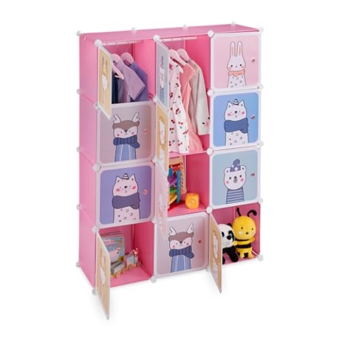 Relaxdays Steckregal Kinder, 2 Kleiderstangen, Türen mit Tierkindern, HBT: 145x110x37 cm, DIY Kinderkleiderschrank, rosa, Eisen