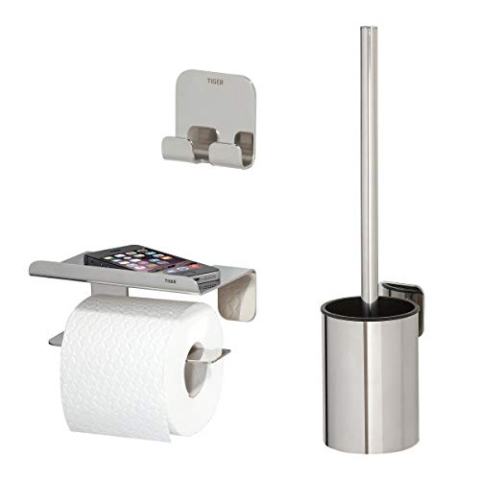 Tiger Colar Badaccessoire-Set, 3-teilig, bestehend aus Toilettenpapierhalter mit Ablage, Haken und WC-Bürste zur Wandbefestigung, Montage ohne Bohren dank integrierter Klebefolie, Edelstahl poliert