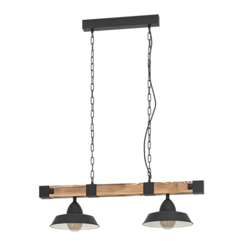 EGLO Hängelampe Oldbury, 2 flammige Vintage Pendelleuchte im Industrial Design, Pendellampe aus Stahl und Holz, Farbe Schwarz, braun rustikal, E27, 86 cm, FSC zertifiziert