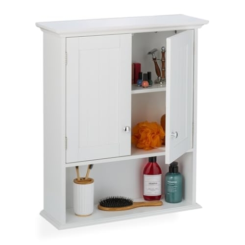 Relaxdays Hängeschrank Bad, 3 Fächer, HBT: 70,5 x 60 x 20 cm, Magnetverschluss, Landhausstil, schmaler Wandschrank, weiß