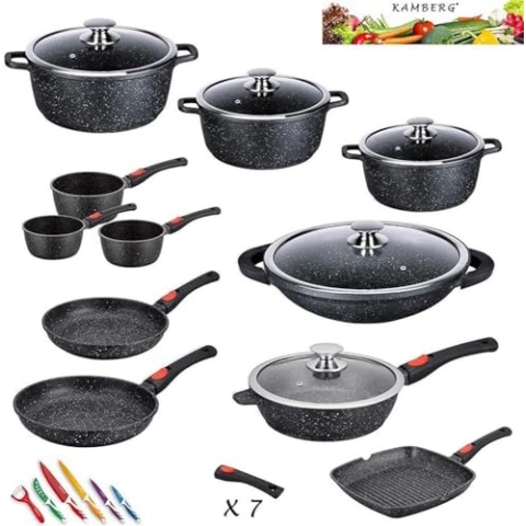 Kamberg 0008162 Topfset 27-teilig, Aluguss, Steinbeschichtung, für alle Herde, auch Induktionsherde, abnehmbarer Stiel ohne PFOA, 67 x 36 x 34 cm