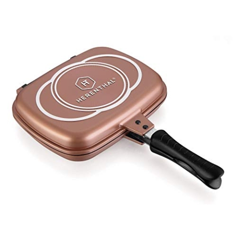 ROYALTY LINE, Doppelgrillpfanne, Ohne PFAS und PFOA, Nicht induktionsgeeignet, Reduziert unangenehme Gerüche, Rauch und Ölspritzer, Aus Aluminium mit Marmorbeschichtung, 34 cm, Bronze