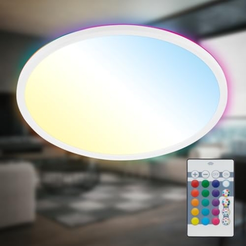 B.K.Licht - LED Deckenlampe flach mit Fernbedienung, RGBIC Backlight, CCT Lichtfläche, Dimmbar, Lampe, Deckenleuchte, Wohnzimmerlampe, LED Panel, Kinderzimmer, Decke, 42x2,5 cm, Weiß