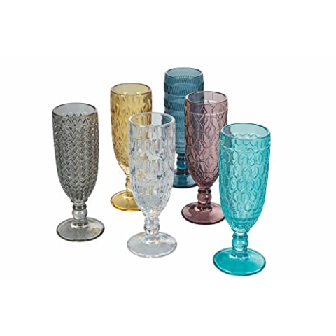 Villa d'Este Home Tivoli Set mit 6 Sektflöten, 160 ml, aus farbigem Glas, Geometrie