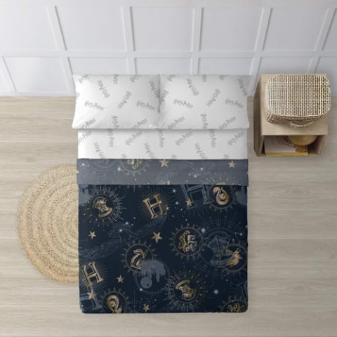 Belum | Bettwäsche-Set mit Kissen und Spannbettlaken, 100% Baumwolle, Modell HPotter Gold für Betten mit Einer Breite von 150/160 cm, leicht, weich und bequem, Harry Potter, offizielles Lizenzprodukt