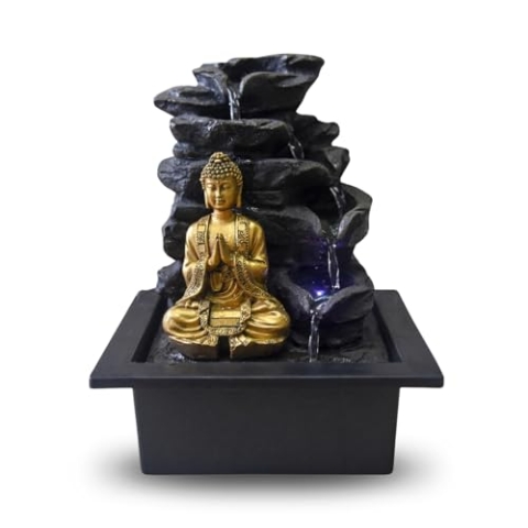 Zen Light Shira Zimmerbrunnen mit Pumpe und LED-Beleuchtung, Kunstharz, Schwarz, Einheitsgröße