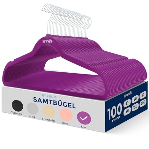 SereneLife Platzstparende Kleiderbügel Lila 100 Stück, Gardarobenbügel rutschfest aus Samt für Kleideraufbewahrung & Organisation, Hanger Ultradünn & Robust für Hosen, Röcke, Hemden & Mäntel