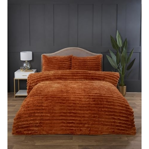 Rapport Home Grob Geripptes Premium-Bettwäsche-Set aus luxuriösem Kaninchenfell, doppelt gebranntes Orange, weich und warm, Flauschiges Bettwäsche-Set