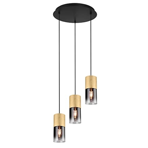 Trio Leuchten Pendelleuchte Robin 310630354, Metall Messing matt, Glas rauchfarbig, exklusiv 3x E27