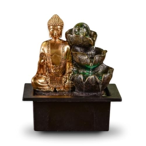 Brunnen Buddha Arya - Zimmerbrunnen Buddha Abnehmbar - Geschenke - Deko-Objekt Zen Buddhismus - Tischbrunnen LED-Licht - Geschlossener Kreislauf - Braun und Gold - H 26cm - Zen'Light
