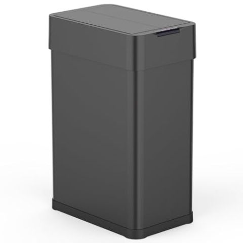 Kitchen Move Abfalleimer für die Küche, automatisch, 60 l, Silverlake Schwarz, aus Edelstahl mit Umreifung, Schmetterlingsöffnung, großes Fassungsvermögen