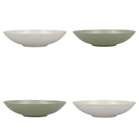 KitchenCraft 4-er Set Pasta-Schüsseln, in Geschenkbox, Bleifrei, Steingutgeschirr mit Glasur, Grün / Cremefarben, 22cm Durchmesser