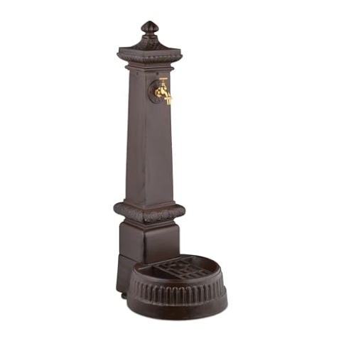 Relaxdays Standbrunnen antik, mit Wasserhahn & Becken, HxBxT: 100x44,5x38 cm, Wasserzapfsäule Garten, Terrasse, braun