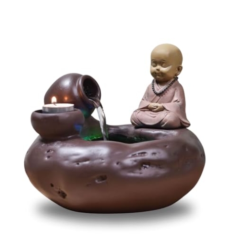 Zen Light SCFR22-H8 Natur Jarre Buddha Statue Innenbrunnen, Abnehmbares helles farbenfrohe LED, 40cm Höhe, Kastanie