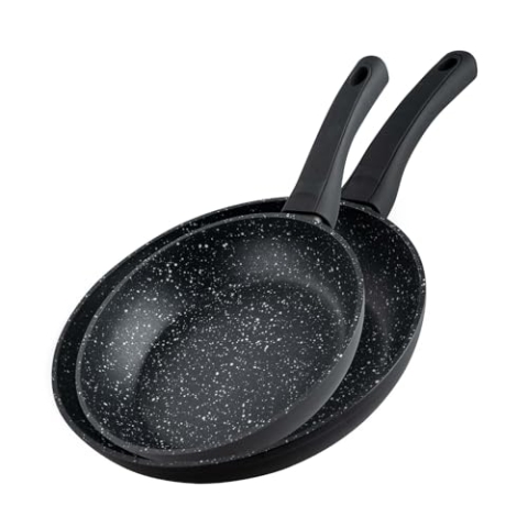 Fackelmann Bratpfannen Set Marble 20 cm & 24 cm, Antihaft-Pfannen aus 90% recyceltem Aluminium mit ergonomischem Kunststoff-Griff, Induktionspfanne zum Kochen & Anbraten