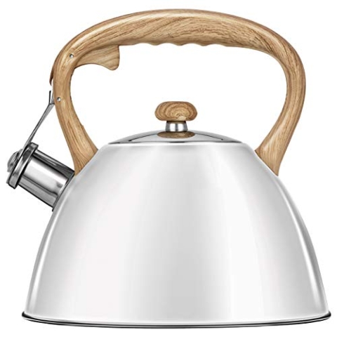 SMILE MCN-12/B Wasserkocher, für Alle Herdarten inkl. Induktion, 3 l, Edelstahl, Nicht wärmender Holz-Imittierungsgriff, Benötigte Temperatur, Pfeife, Mat Weiß