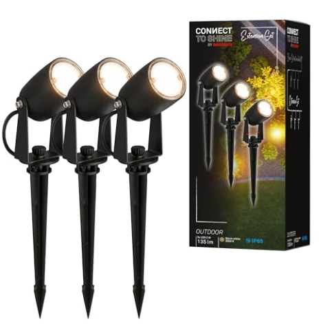 BRILONER - Connect to Shine 12V Gartensystem 3er Set LED Strahler mit Erdspieß, Erweiterungsset, IP65, warmweißes Licht, Gartenbeleuchtung, LED Gartenstrahler, 25x4 cm, Schwarz