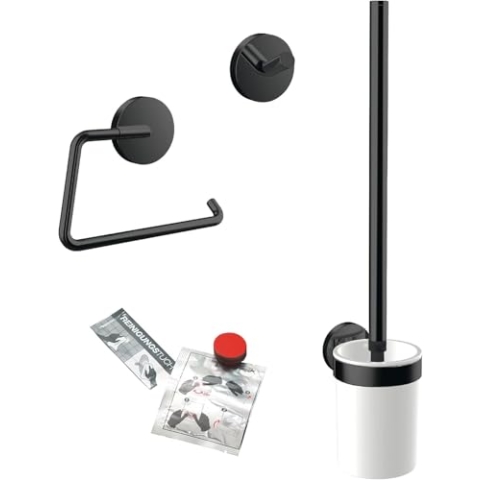 EMCO Round WC 3-teiliges Badaccessoire-Set inkl. Handtuchhaken, Papierhalter, Toilettenbürstengarnitur 3 in 1 perfekt für jedes Bad, Schwarz