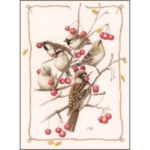 Lanarte Kreuzstich Stickpackungen Gezählter Kreuzstichbilder Set SPATZEN Wanddekoration Handarbeit Set für Erwachsene 31 x 40 cm DIY Deko Bastelset Handwerker Kreative Geschenkset