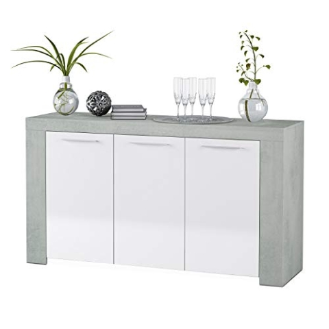Sideboard mit drei Flügeltüren und drei Innenregalen, Betonfarbe mit kunstweißen Türen, Maße 144 x 80 x 42 cm