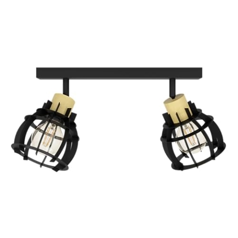 EGLO Deckenstrahler Stillington 1, 2-flammige Deckenlampe mit schwenkbaren Spots, FSC100HB, Deckenleuchte Industrial Design aus Metall in Schwarz und Holz in Natur, Deckenspot mit E27 Fassung