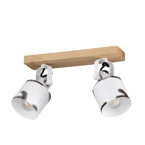 EGLO Deckenstrahler Kilburn, 2-flammige Deckenlampe mit schwenkbaren Spots, FSC100HB, Deckenleuchte im Landhaus Stil, Metall in Weiß und Holz in Natur, Deckenspot mit E27 Fassung