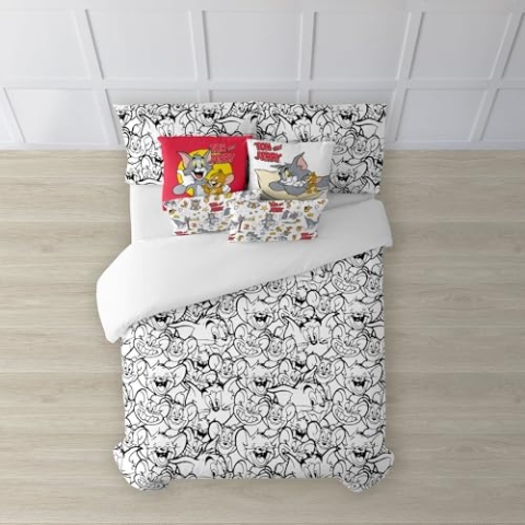 Belum Bettbezug Tom & Jerry | Bettbezug Modell Tom & Jerry Black & Withe | Bettbezug mit Knöpfen | Bettbezug 100% Baumwolle | Bettbezug (Bett 105 cm (180 x 240 cm)