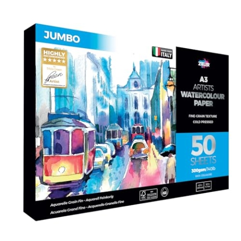 Zieler Jumbo A3 Aquarellpapier, fein genarbt, strukturiert, von Zieler. 50 Blatt, 300 g/qm, quer Ideal zum Einweichen und Abdecken. Hergestellt in Großbritannien. Enthält ein Starter-Hinweisblatt