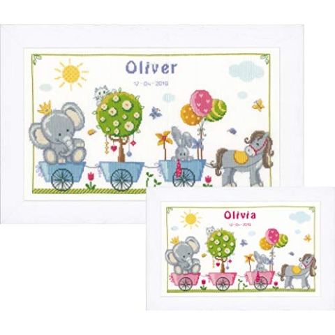 Vervaco Gezählter Kreuzstich Stickpackungen Stickset Baby Geburt Fröhliche Tierfreunde Wanddekoration Handarbeit Set für Erwachsene Kreatives Handwerk ca. 41 x 24 cm Geburt Geschenk Hausdeko