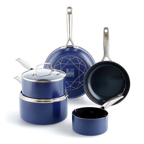 Blue Diamond Cookware Diamantstruktur Keramik Antihaft, 7-teiliges Topf- und Pfannenset,Enthält Bratpfanne Stielkasserolle Milchpfanne,PFAS-frei,Induktion,Spülmaschinenfest,Backofenfest bis 200°C,Blau