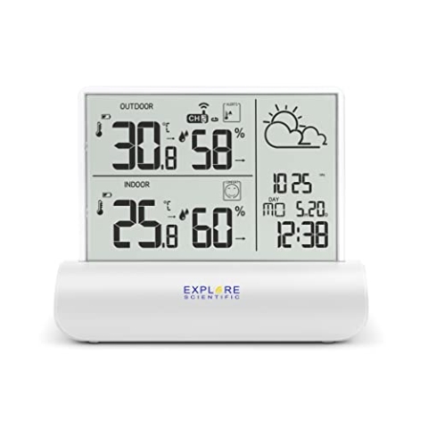 Explore Scientific WSH4501 Wetterstation mit Klarglas-Display, Luftdruck, Temperatur und Luftfeuchtigkeit innen und außen, inklusive Sensor, weiß