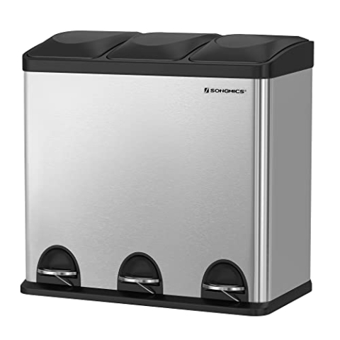 SONGMICS Mülleimer für die Küche, Abfalleimer, Treteimer mit 3 Fächern, Inneneimern und 6 Aufklebern für Mülltrennung, Mülltrennsystem, Silbern-Schwarz, 60,4 x 30 x 56,3 cm (L x B x H)