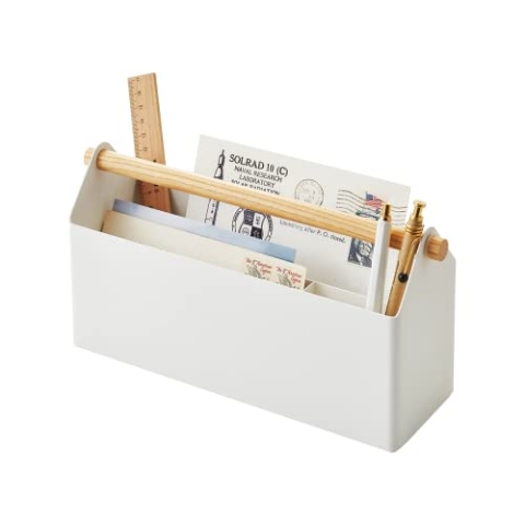 Yamazaki 4152 TOSCA Stifte- und Briefhalter, weiß, Stahl/Holz, minimalistisch, 27 x 8.5 x 13.5 cm